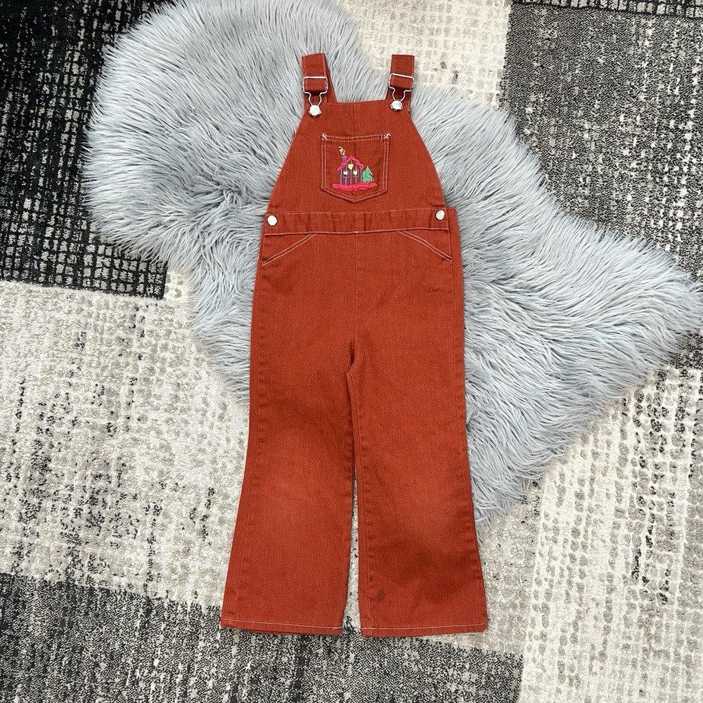 Montgomery Ward 70s VTG Embroidered Orange Youth Bib Overalls Size 4T